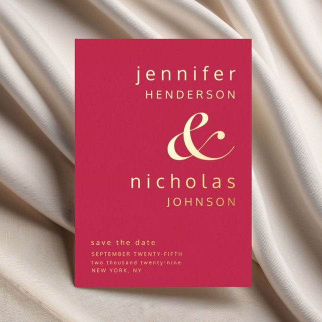 Modern Magenta Wedding Save The Date Gold (Magenta Gold Ampersand Wedding Save The Date Foil Invitation)