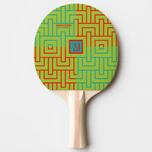Modern Magneta Green Geometric Pattern Monogram Ping Pong Paddle