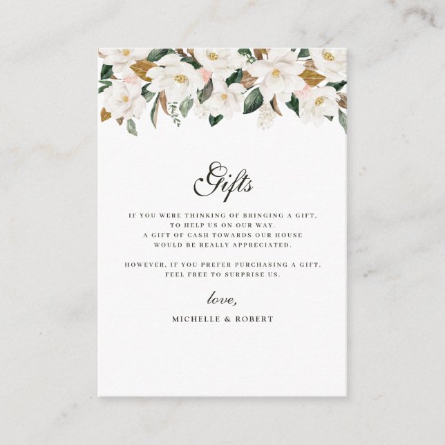 modern magnolia floral wedding gifts card (Front)
