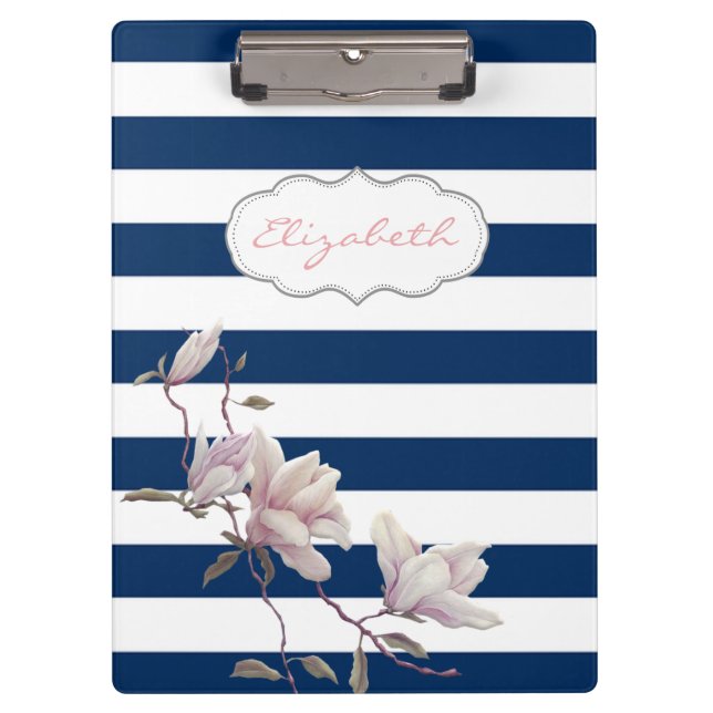 Modern Magnolia On Navy Blue Stripes-Personalised Clipboard (Front)