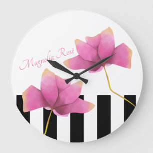 Modern Magnolia Rose with Black and White Stripes Large Clock