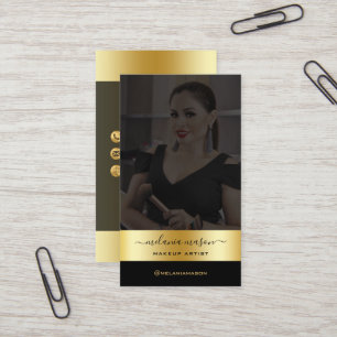 Modern Makeup Artist Black Gold Custom Photo  Busi Business Card