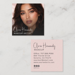 Modern Makeup Artist Photo Blush Pink Script Square Business Card