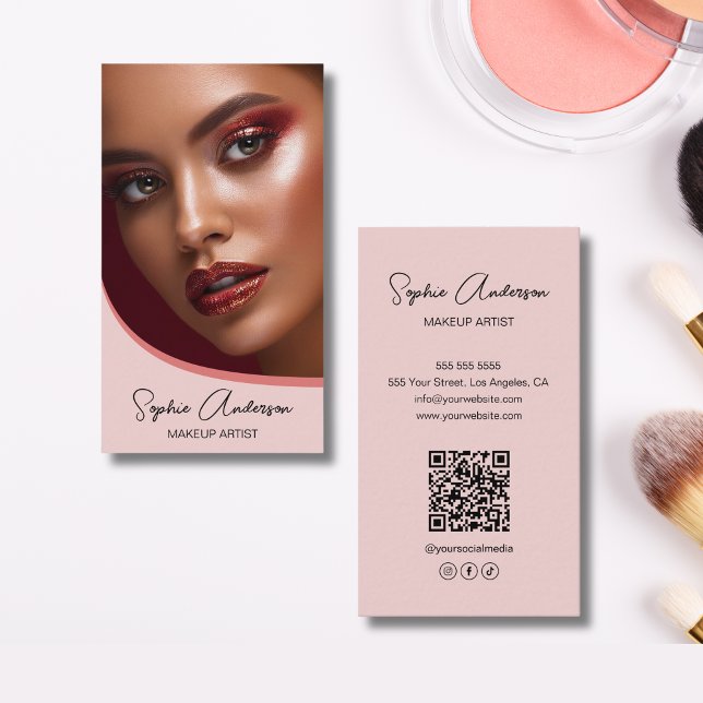 Modern Makeup Artist Photo QR Pink Business Card (Modern Makeup Artist Photo QR Pink Business Card)