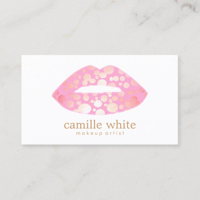 Modern Makeup Artist Pink and Gold Lips Logo Business Card (Front)