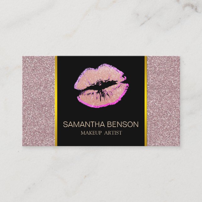 Modern Makeup Artist Rose Gold Glitter Lips Salon Business Card (Front)