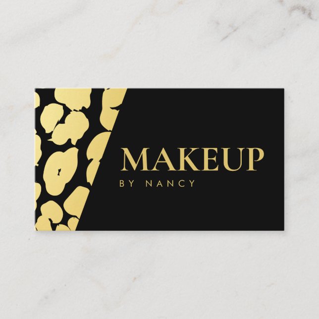Modern Makeup  Leopard Print Black and Gold Business Card (Front)