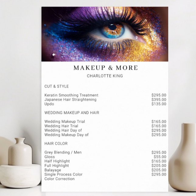 Modern, Makeup Photo Salon Price List Poster (Modern, Makeup Photo Glitter Salon Price List Poster)
