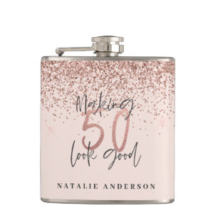 modern making 50 look good rose gold glitter hip flask