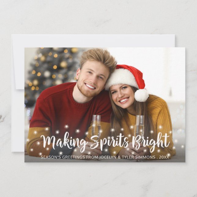Modern MAKING SPIRITS BRIGHT Script Twinkle Lights Holiday Card (Front)