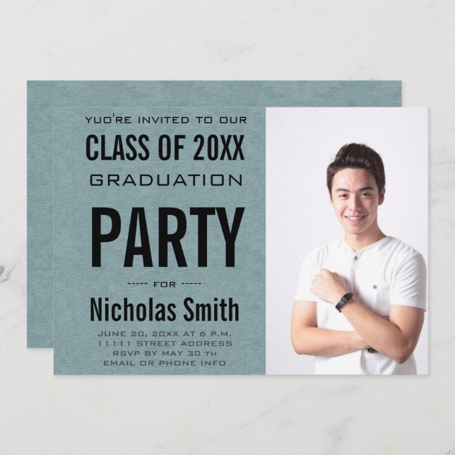 MODERN MALE GRAD BLUE GRADUATION PARTY INVITATION (Front/Back)