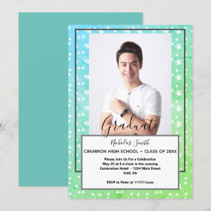 MODERN MALE GRAD GREEN STARS   GRADUATION PARTY INVITATION