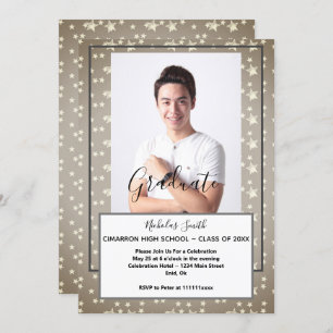 MODERN MALE GRAD GREY STARS   GRADUATION PARTY INVITATION