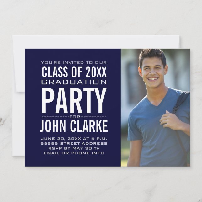 Modern Male Grad | Navy Blue Graduation Party Invitation (Front)