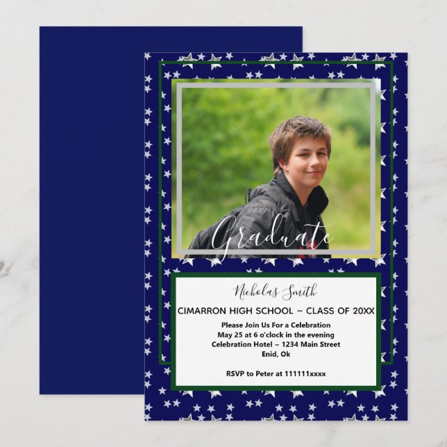 MODERN MALE GRAD STARS BLUE | GRADUATION PARTY INVITATION (Front/Back)