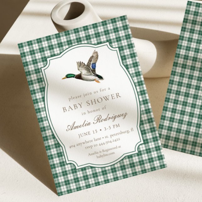 Modern Mallard Duck Neutral Gingham Baby Shower Invitation (Creator Uploaded)