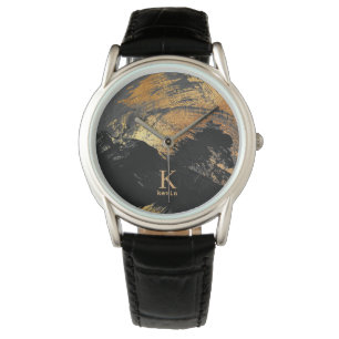 Modern man monogram name black gold personalised watch