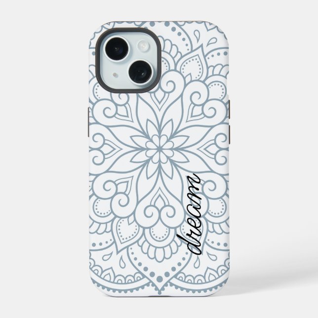 Modern Mandala Dusty Blue Script iPhone 15 Case (Back)