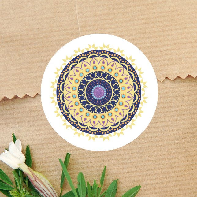 Modern Mandala Simple Design Classic Round Sticker (Navy blue, yellow, teal, and purple unique mandala design. )