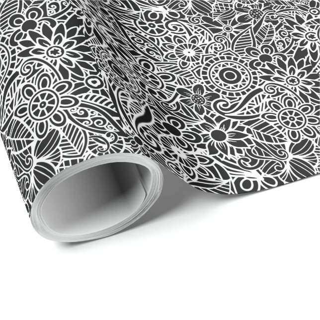 Modern Mandela Floral Black White Sophisticated  Wrapping Paper (Roll Corner)