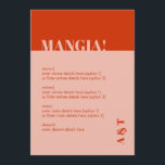 Modern Mangia Italian Burnt Orange Wedding Menu<br><div class="desc">Can be fully customised to suit your needs. © Gorjo Designs. Made for you via the Zazzle platform. // Looking for matching items? Other stationery from the set available in the ‘collections’ section of my store. // Need help customising your design? Got other ideas? Feel free to contact me (Zoe)...</div>