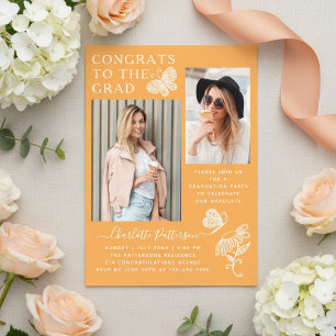 Modern Mango Butterfly Photo Graduation Party Acrylic Invitations