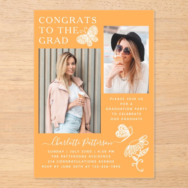 Modern Mango Butterfly Photo Graduation Party Acrylic Invitations (Front)