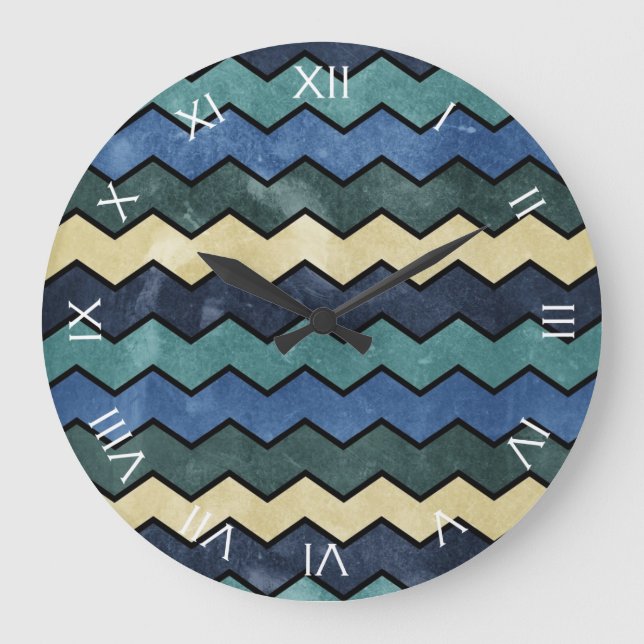 Modern Manly Blue Chevrons Large Clock (Front)