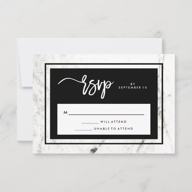 Modern Marble and Black Wedding RSVP Card (Front)