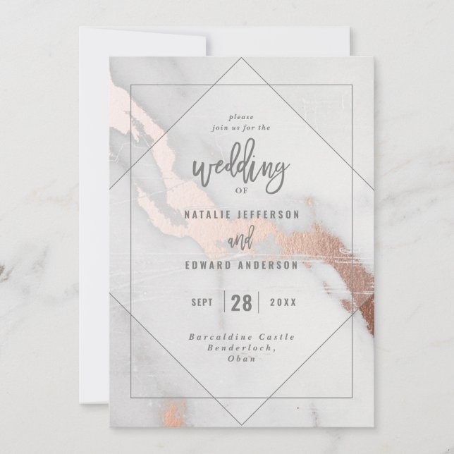 Modern marble and rose gold Wedding invitation (Front)