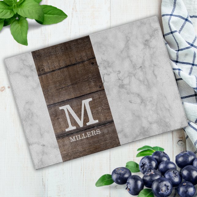  Modern Marble And Wood Family Name Monogrammed Cutting Board (Modern Marble And Wood Family Name Monogrammed Cutting Board)