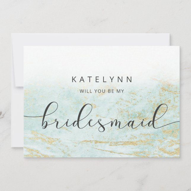 Modern Marble Aqua Bridesmaid Proposal Card (Front)