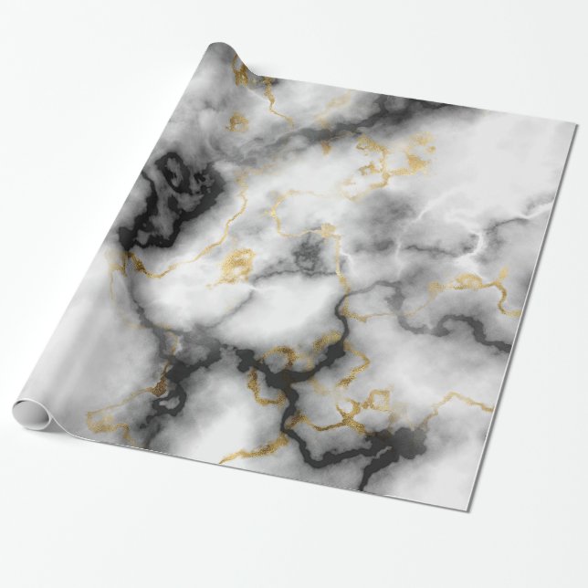 Modern Marble Black and White Gold Wrapping Paper (Unrolled)