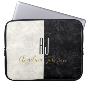Modern Marble Black and White Monogram Initials Laptop Sleeve