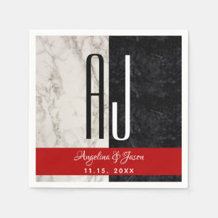 Modern Marble Black White and Red Wedding Initials Napkin