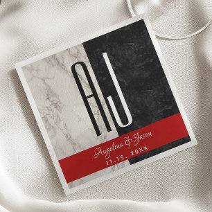 Modern Marble Black White and Red Wedding Initials Napkin