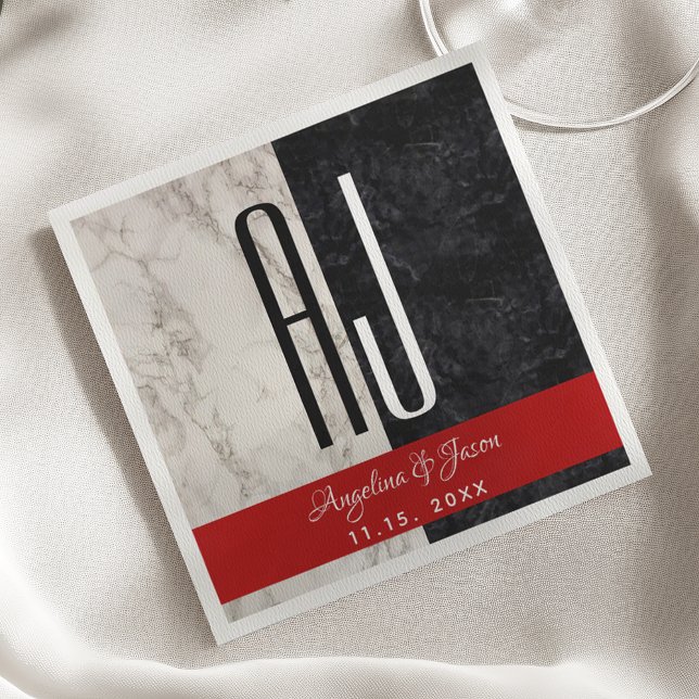 Modern Marble Black White and Red Wedding Initials Napkin (Creator Uploaded)