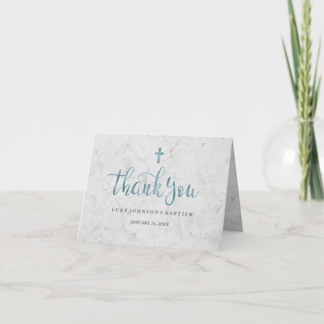 Modern Marble Blue Baptism Thank You Card (Front)