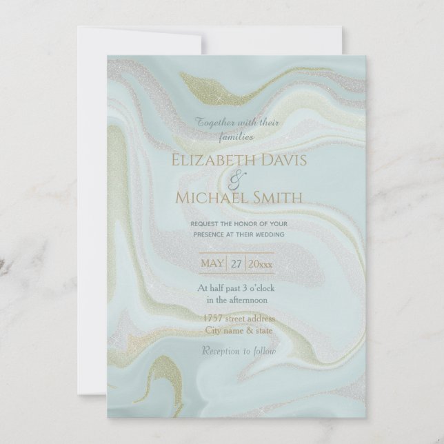 Modern Marble Blue Gold Glitter Background Invitation (Front)