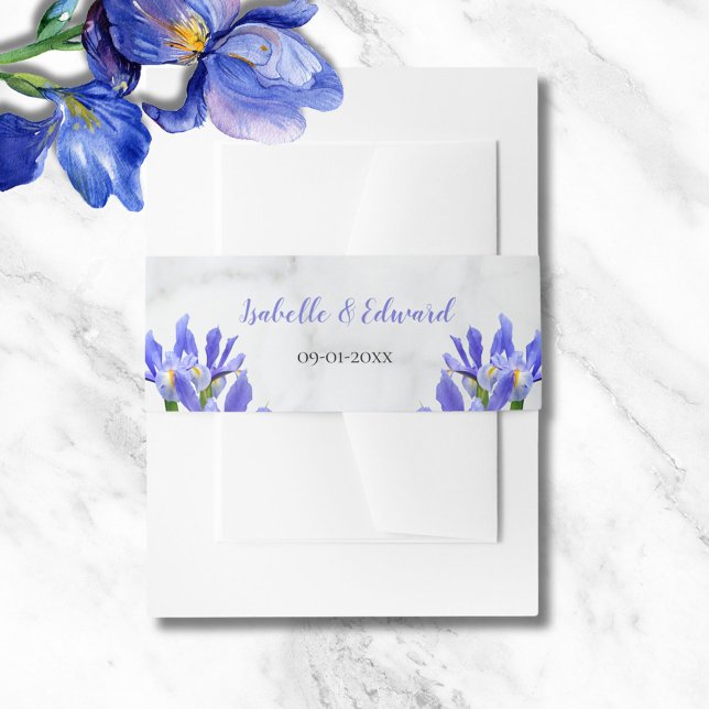 Modern Marble Blue Irises Floral Bouquet Wedding Invitation Belly Band (Creator Uploaded)