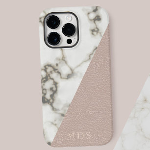 Modern Marble Blush Pink Faux Leather Monogram iPhone 16 Pro Max Case