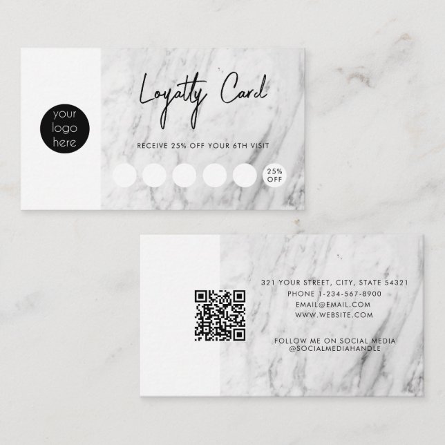 Modern Marble Business Logo QR Code Loyalty  Business Card (Front/Back)