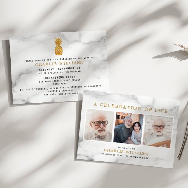 Modern Marble Celebration of Life Memorial 3-Photo Invitation (Creator Uploaded)
