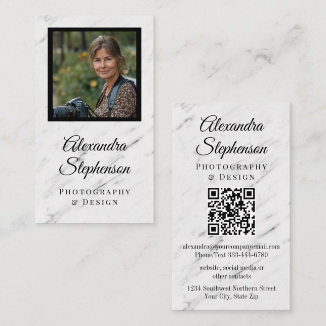 Modern Marble Classic Elegant QR Code Custom Photo Business Card (Front/Back)