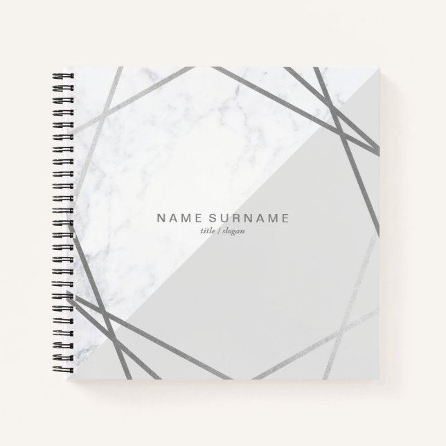 Modern Marble Geometric Silver Pattern Grey Square Notebook (Front)
