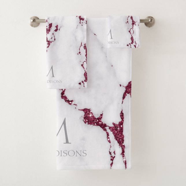 Modern Marble Glitter Monogram Burgundy ID816 Bath Towel Set (Insitu)