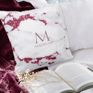 Modern Marble Glitter Monogram Burgundy ID816 Cushion