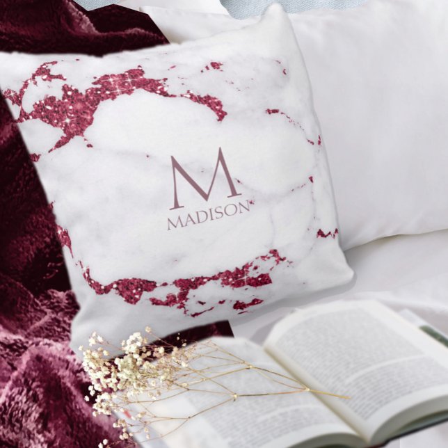Modern Marble Glitter Monogram Burgundy ID816 Cushion (Creator Uploaded)