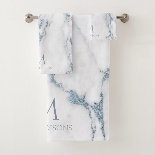 Modern Marble Glitter Monogram Dusty Blue ID816 Bath Towel Set (Insitu)