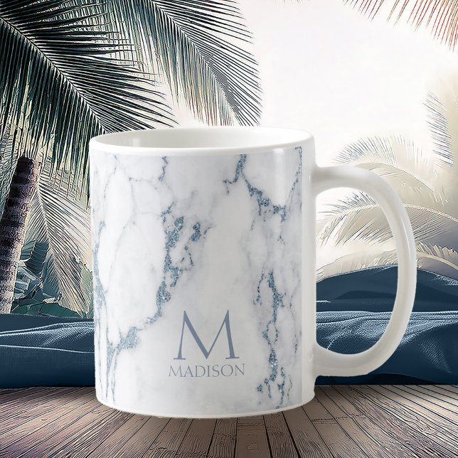 Modern Marble Glitter Monogram Dusty Blue ID816 Coffee Mug (Creator Uploaded)